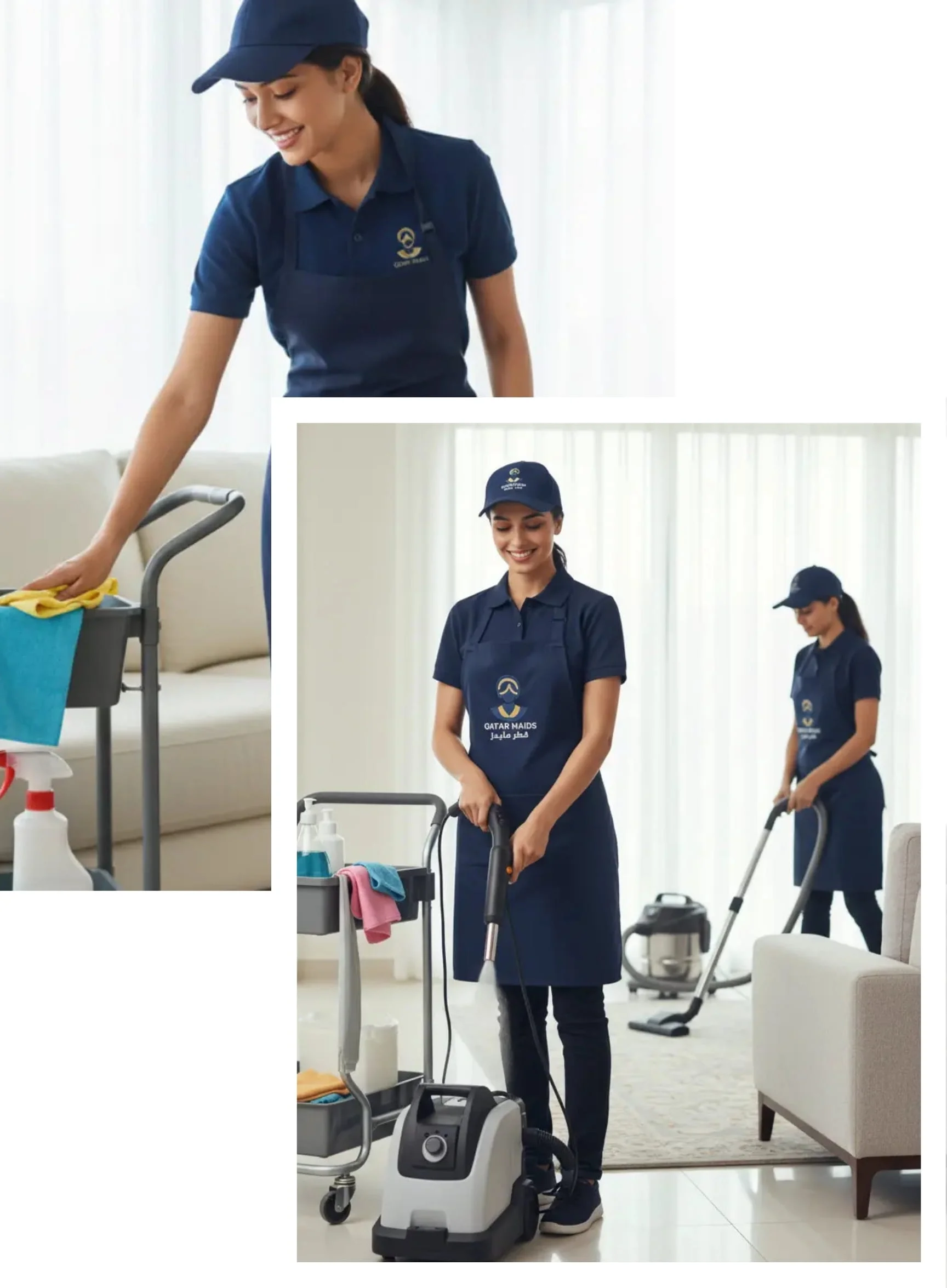 Professional housemaids from Qatar Maids cleaning living room using vacuum and steam cleaning equipment in Doha Qatar