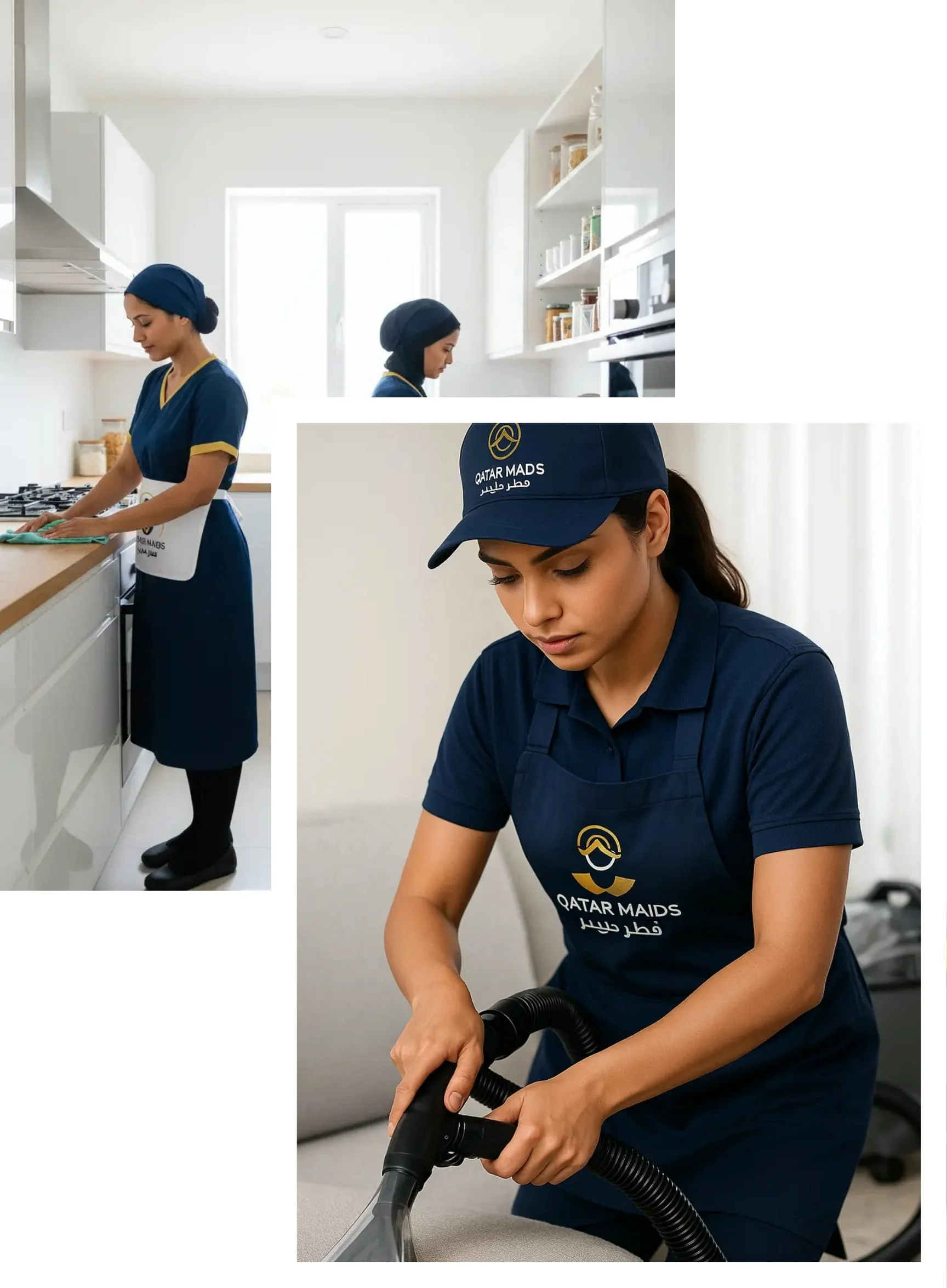 Professional maids cleaning kitchen and washing dishes during home cleaning service in Doha Qatar